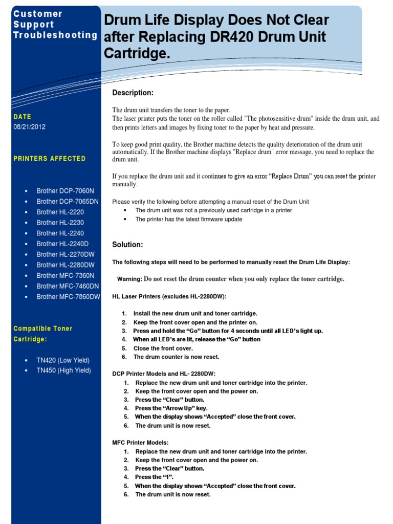 Brother Dr420 Drum Reset PDF Printer Equipment