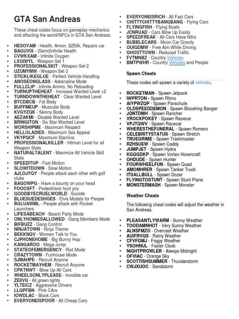 Gta-San Andreas Cheat Codes PC, PDF, Weaponry