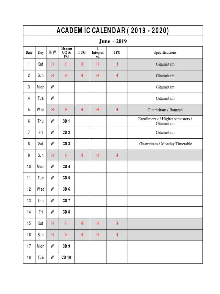 Academic Calendar 2019-2020: A Comprehensive Schedule of Classes ...