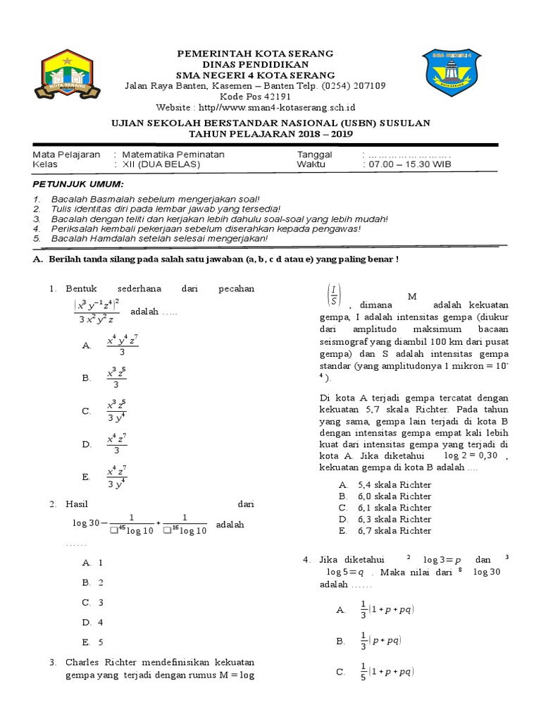 Soal Usbn 2019 Xii Mtk Peminatan Susulan