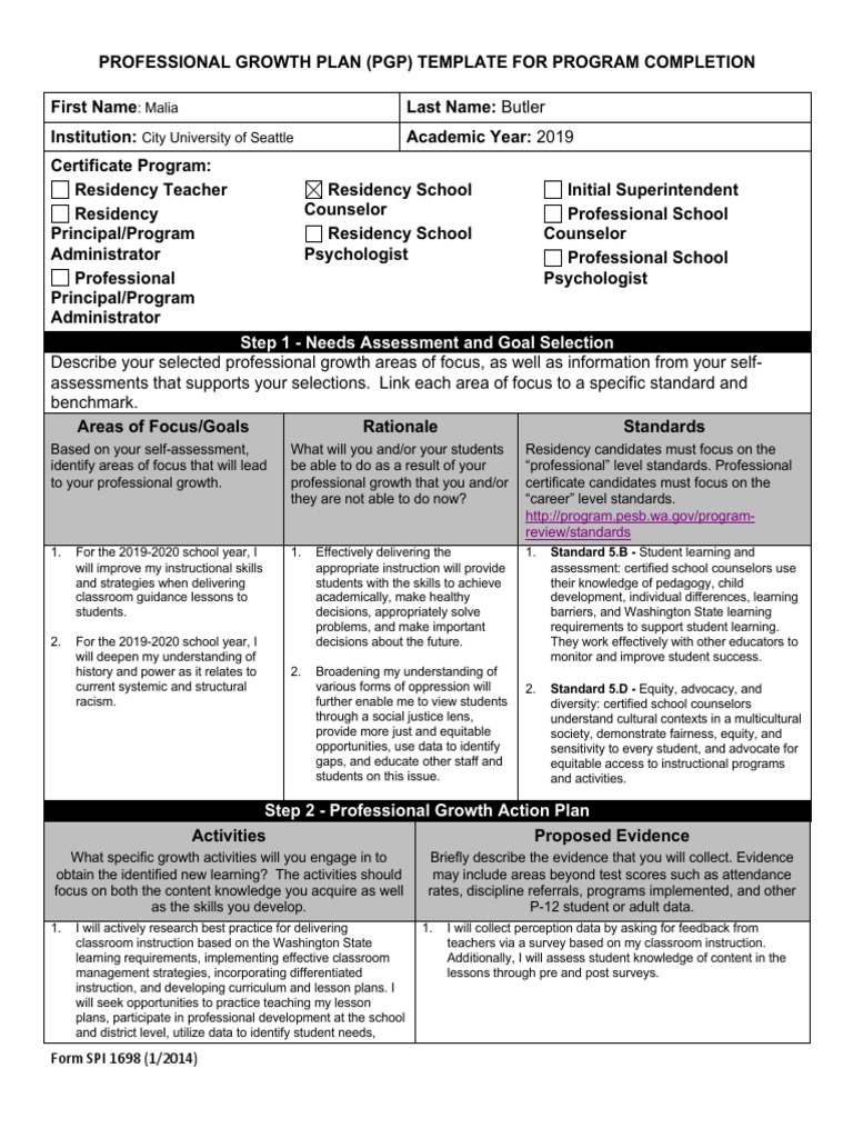 PGP Template For Program Completion 1 PDF School Counselor Teachers