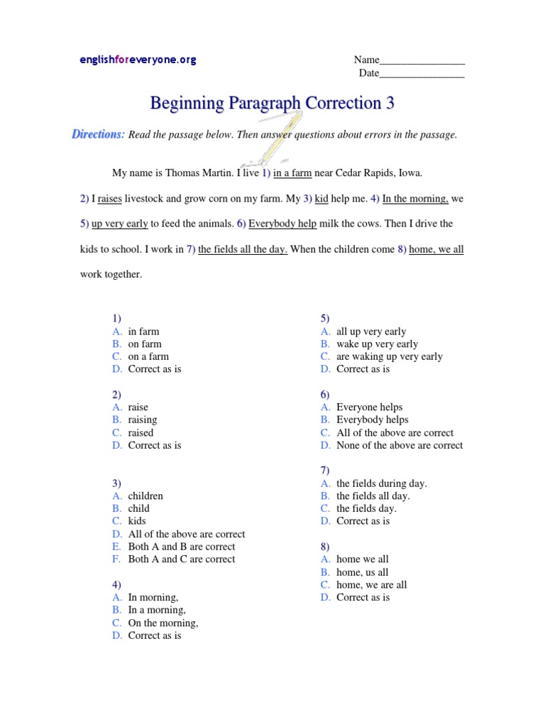Beginning Paragraph Correction Exercise | PDF