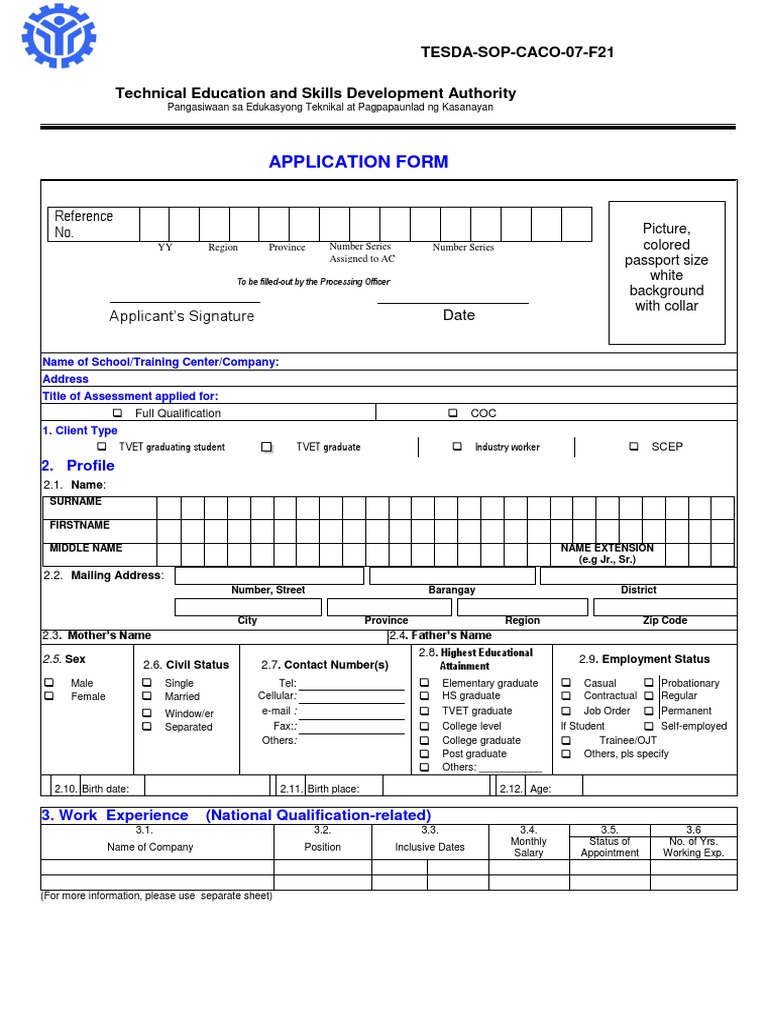 TESDA Assessment Application Form | PDF | Behavior Modification ...