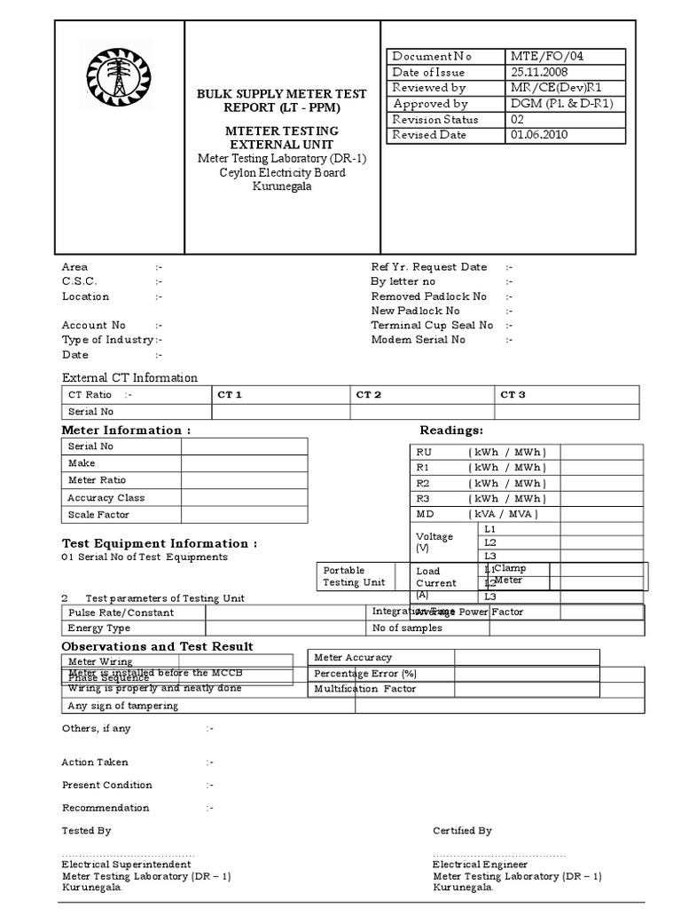 Mte-Fo-04 - Bulk Supply Meter Test Report (LT) | PDF | Kilowatt Hour ...