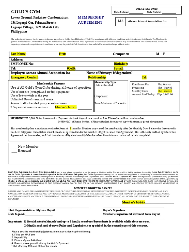 Gold's Gym MA 2018 With Requirements PDF Contractual Term Employment