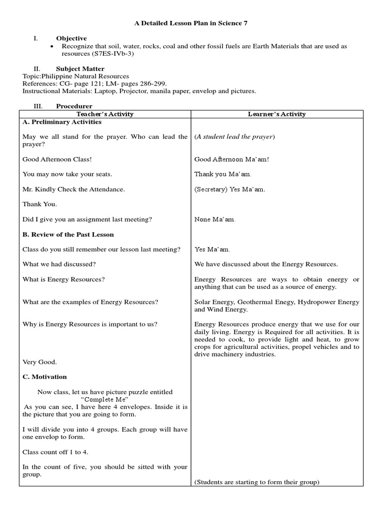 Lesson Plan on Philippine Natural Resources | PDF | World Energy ...