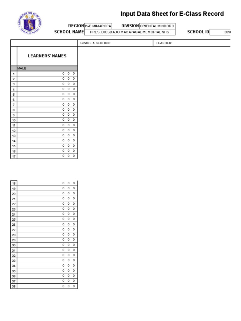E-Class Record Input Data Sheet | PDF | Behavior Modification | Learning