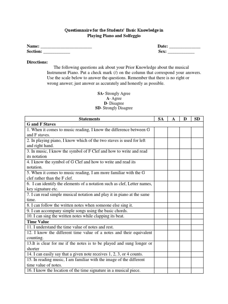 Questionnaire For The Students | PDF | Musical Notation | Clef
