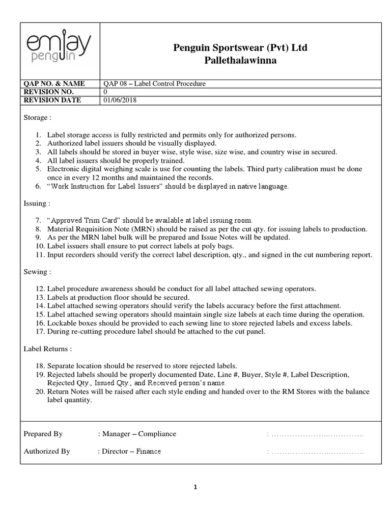 Label Control Procedure PDF Business