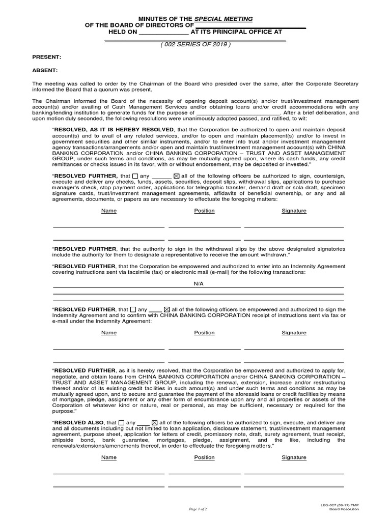 Board Resolution for China Bank Services | PDF | Deposit Account | Banks
