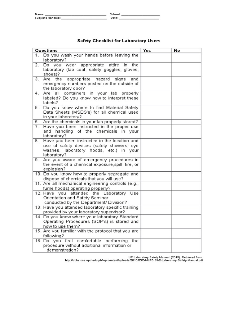 Safety Checklist For Laboratory Users PDF Laboratories Safety