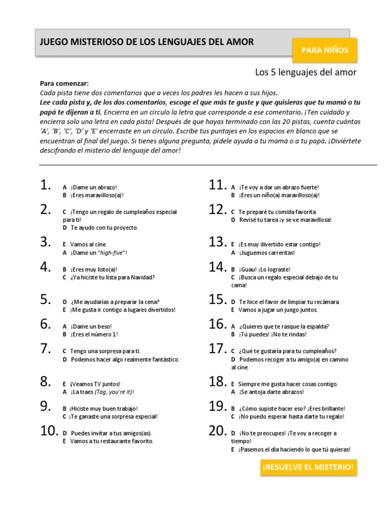 Test Lenguajes Del Amor en Niñoss | PDF | Amor | Ocio