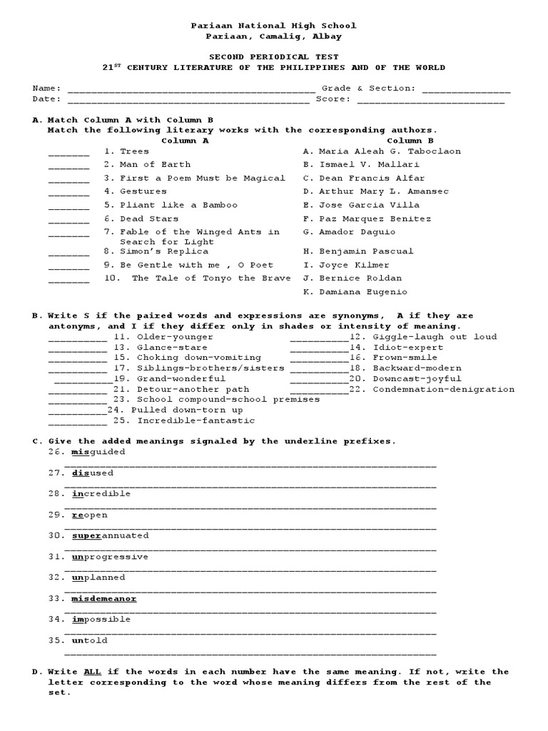 21st Century Literature Exam PDF