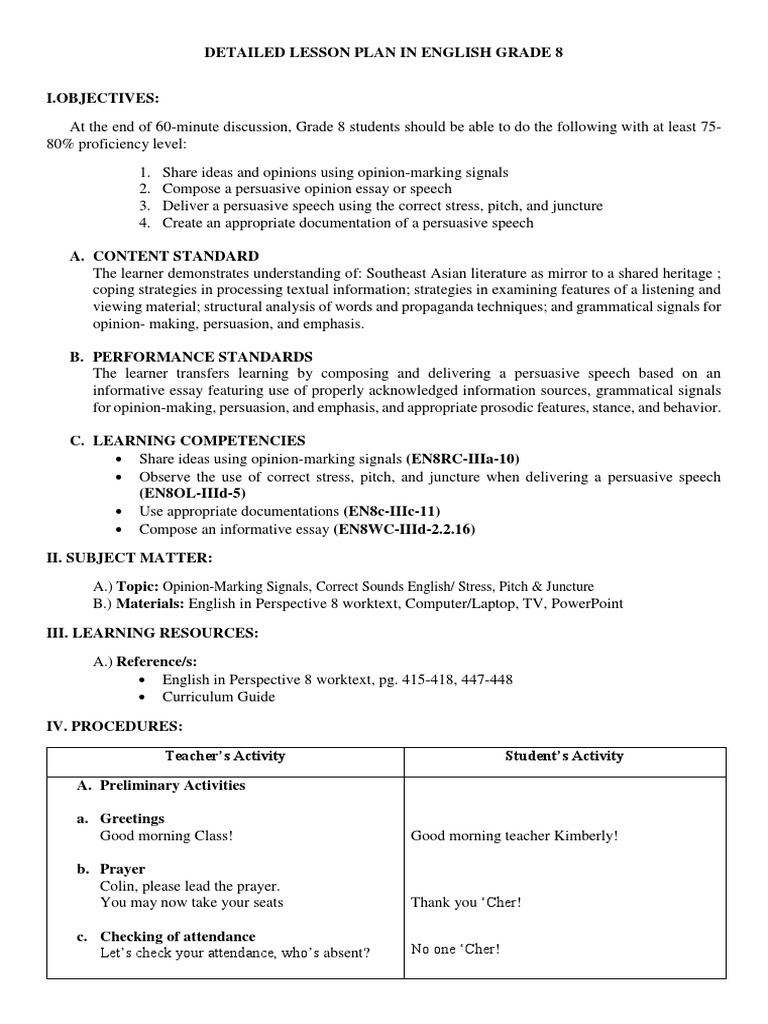 lesson plan 8 grade english plus