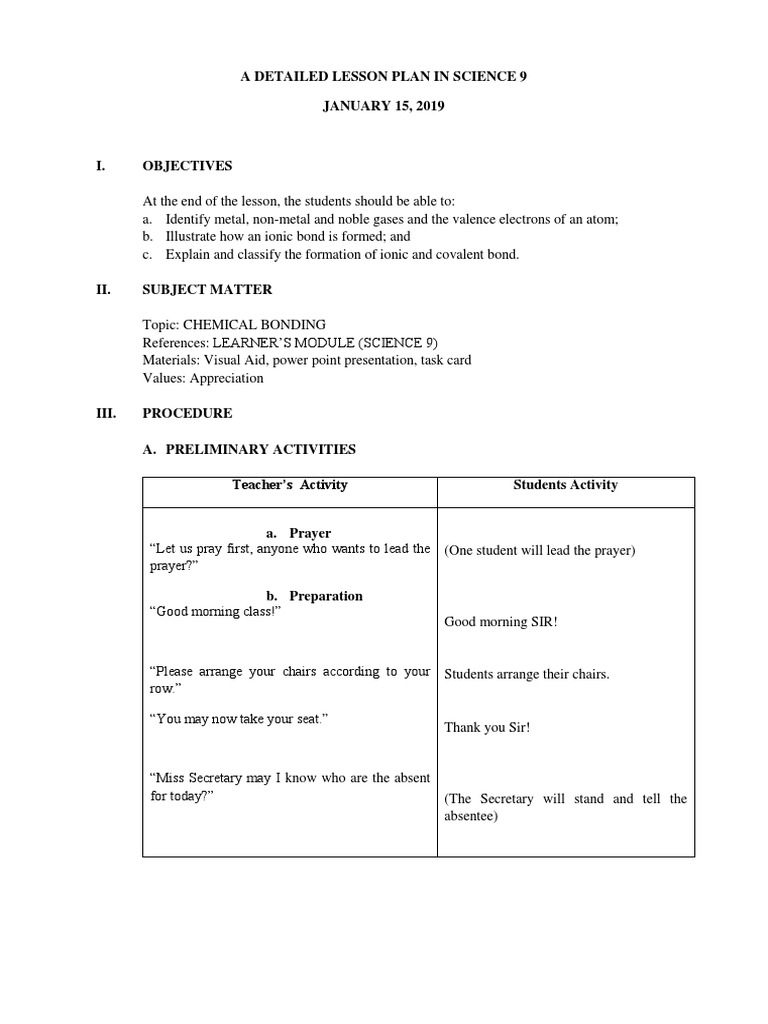 A Detailed Lesson Plan in Science 9i | PDF | Covalent Bond | Ionic Bonding