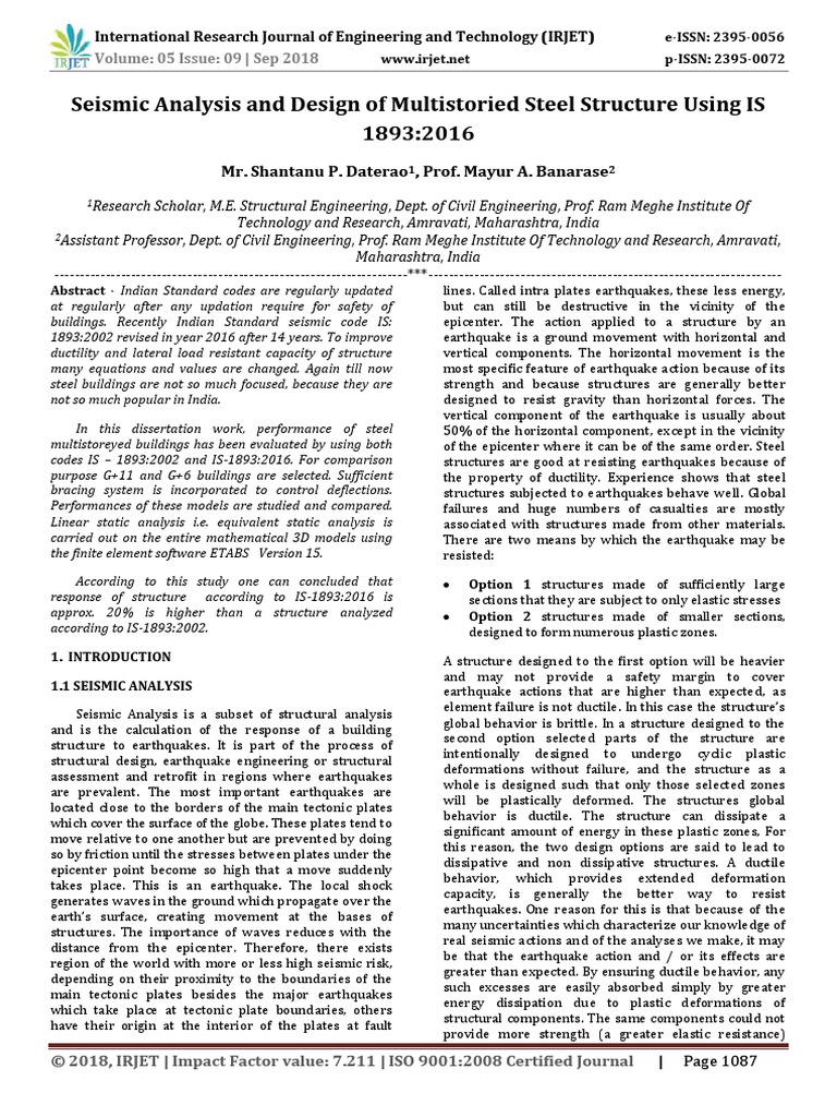 Seismic Analysis and Design of Multistoried Steel Structure Using IS ...