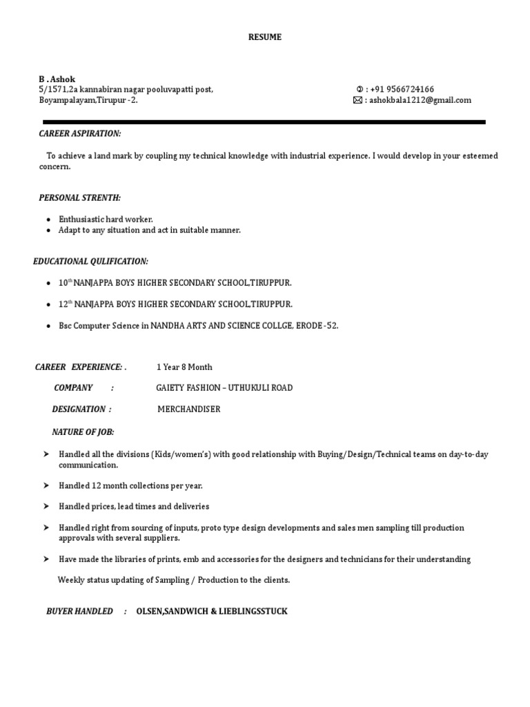 Ashok's Resume: Merchandiser Experience | PDF
