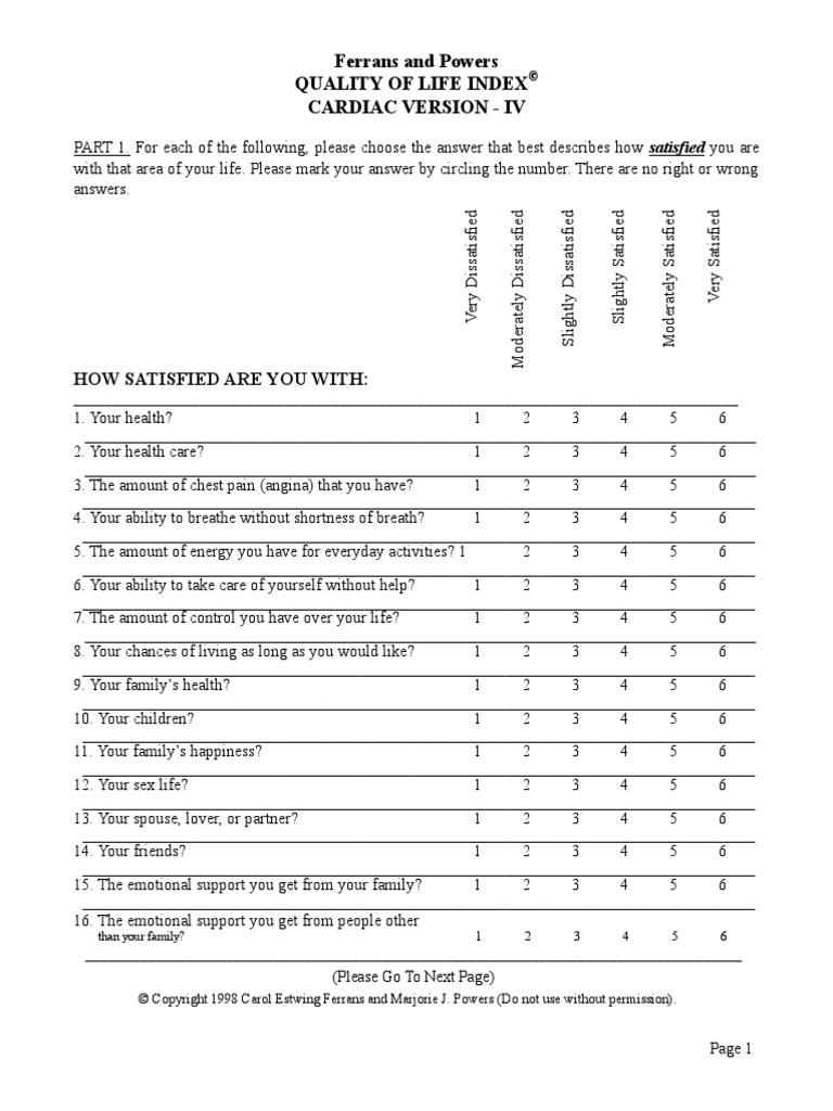 Ferrans and Powers Quality of Life Index Cardiac Version - Iv | PDF ...