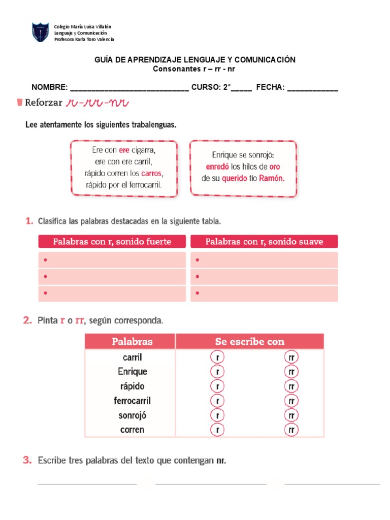 Guía de Consonantes r, rr y nr | PDF