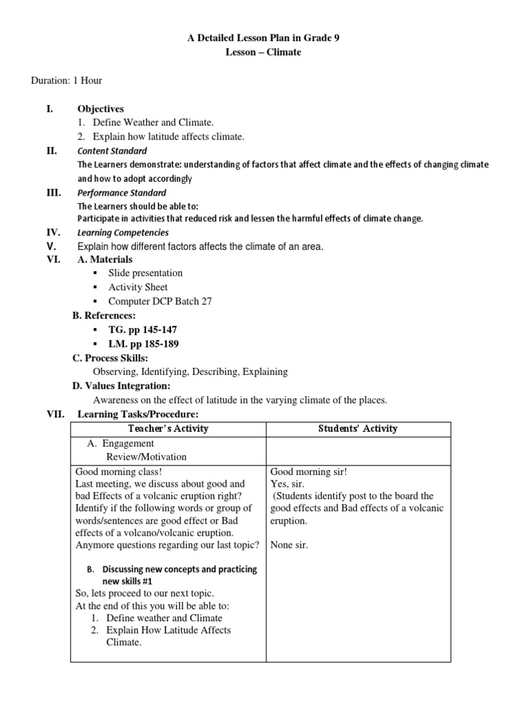 Grade 9 Climate Lesson Plan | PDF | Equator | Weather