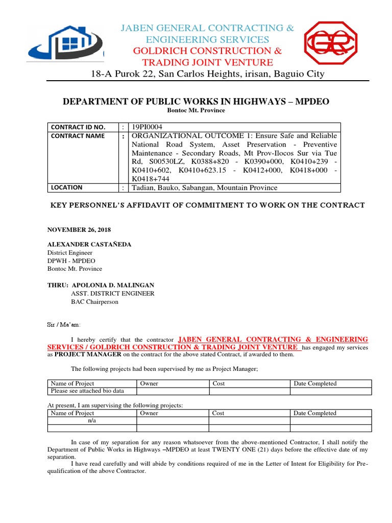 Affidavit of Commitment | PDF | General Contractor | Engineering