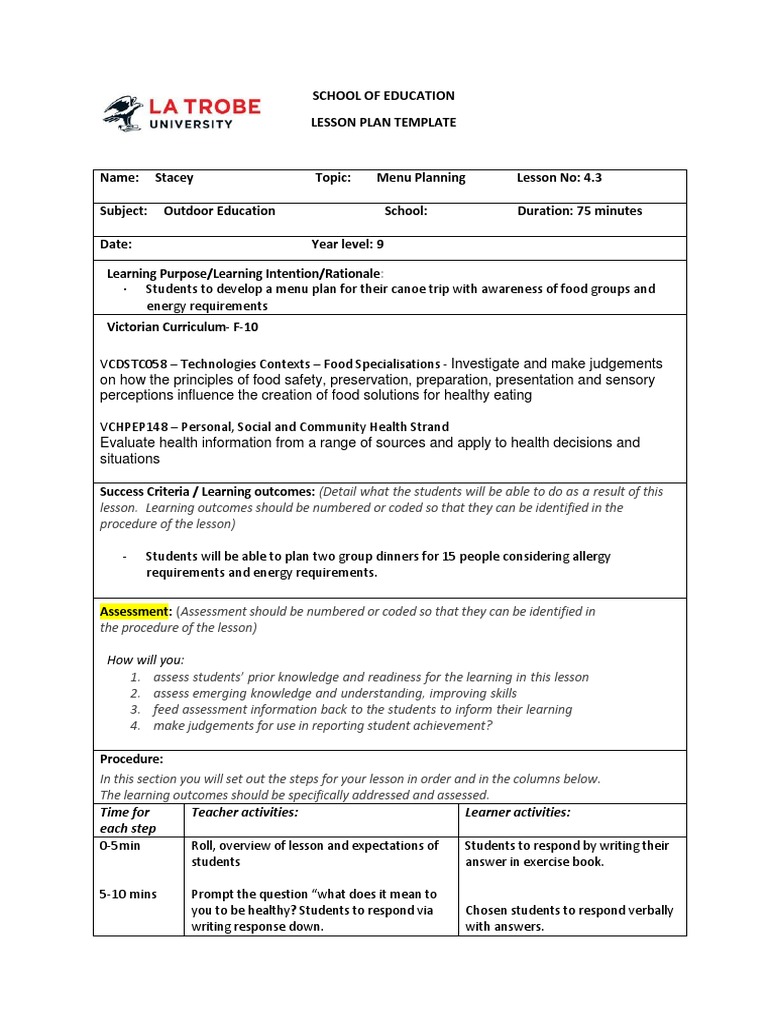 lesson plan - menu planning | Educational Assessment | Lesson Plan
