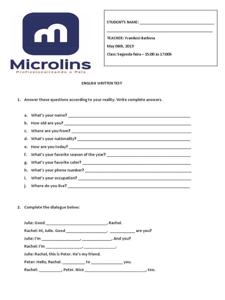 English Written Test Pdf