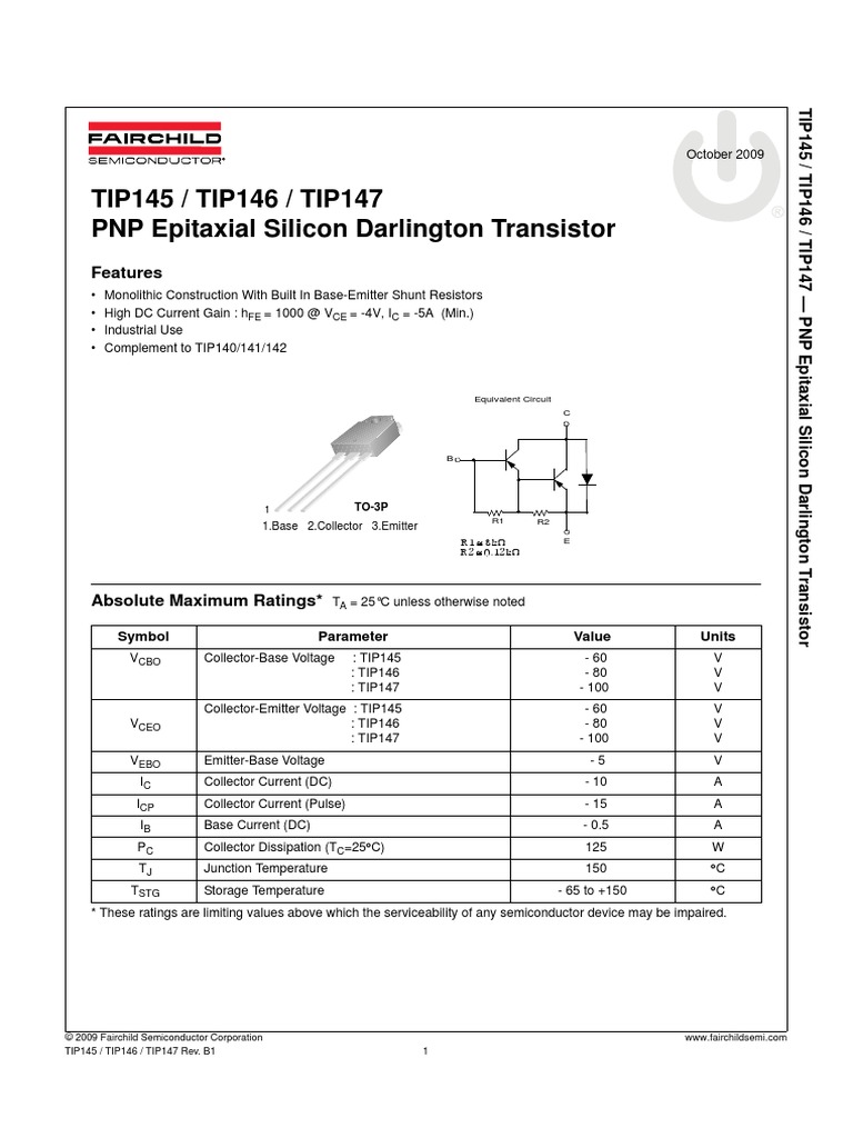 TIP145 / TIP146 / TIP147 PNP Epitaxial Silicon Darlington Transistor | PDF  | Bipolar Junction Transistor | Electronic Engineering
