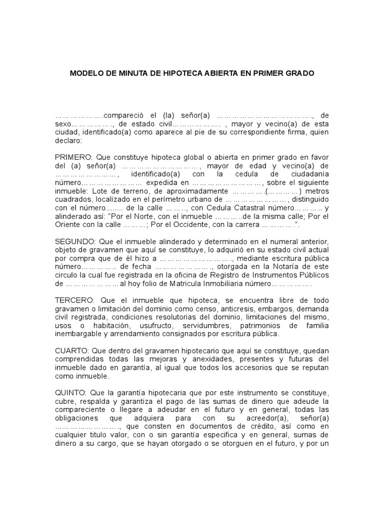 Hipoteca Abierta en Primer Grado PDF Hipoteca Comercial Finanzas