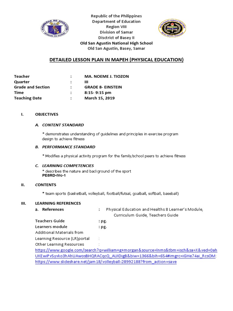 Volleyball Lesson Plan for Grade 8 | PDF | Volleyball | Sports