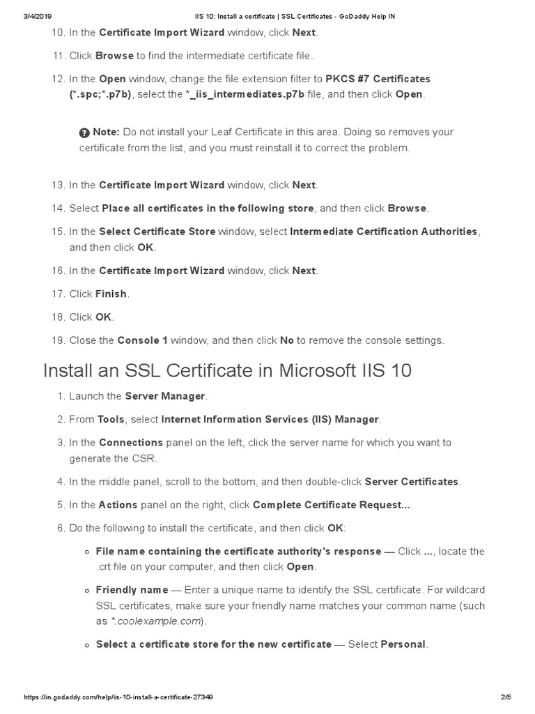 Iis 10 Install A Certificate Ssl Certificates Godaddy Help In Pdf