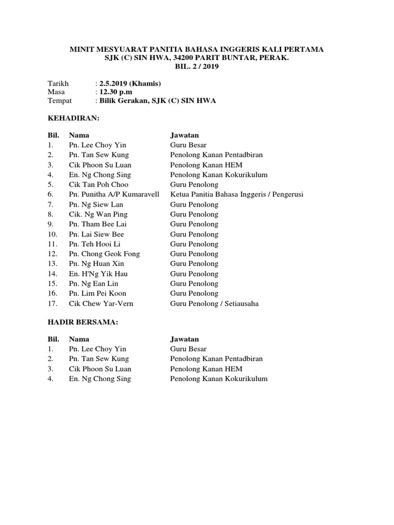 Minit Mesyuarat Panitia Bahasa Inggeris 2 2019 Docx