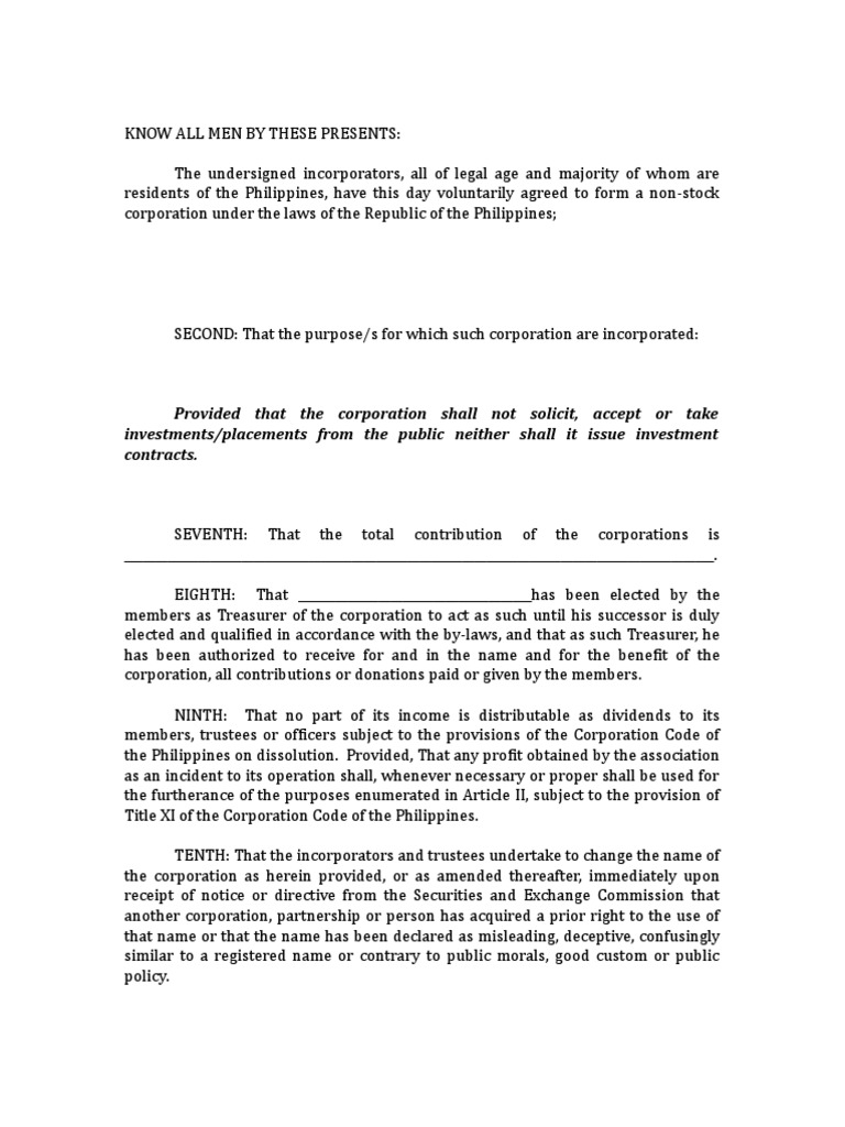 Articles of Incorporation for a NonStock NonProfit Corporation in the