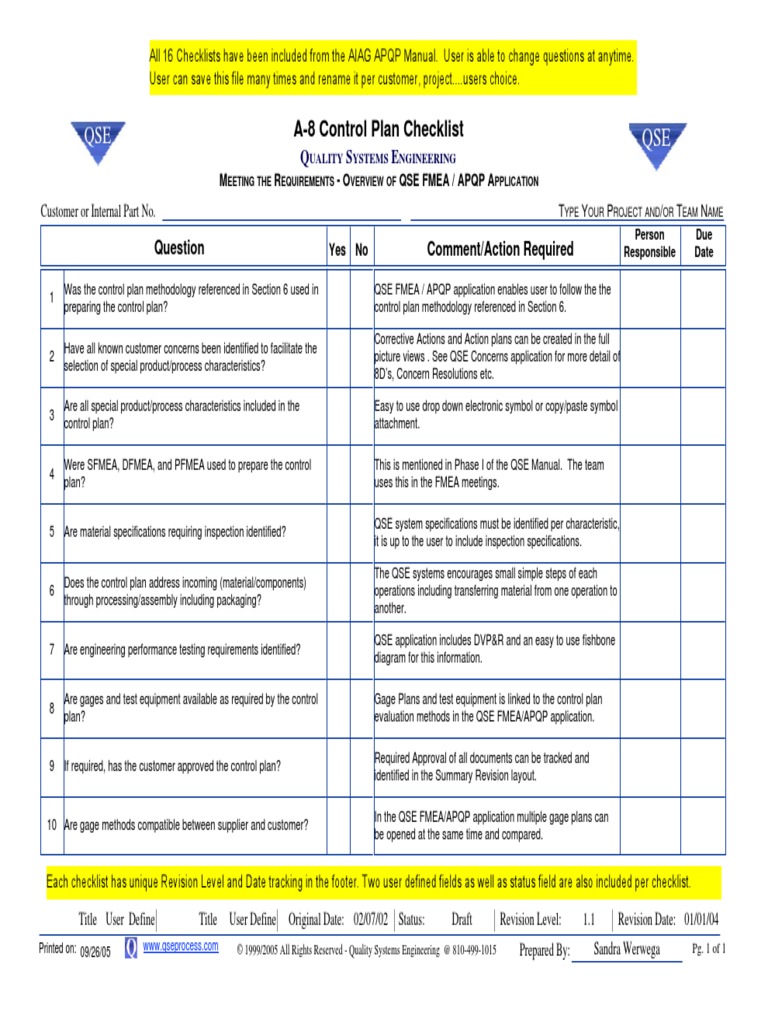 Checklist Control Plan | PDF | Specification (Technical Standard ...