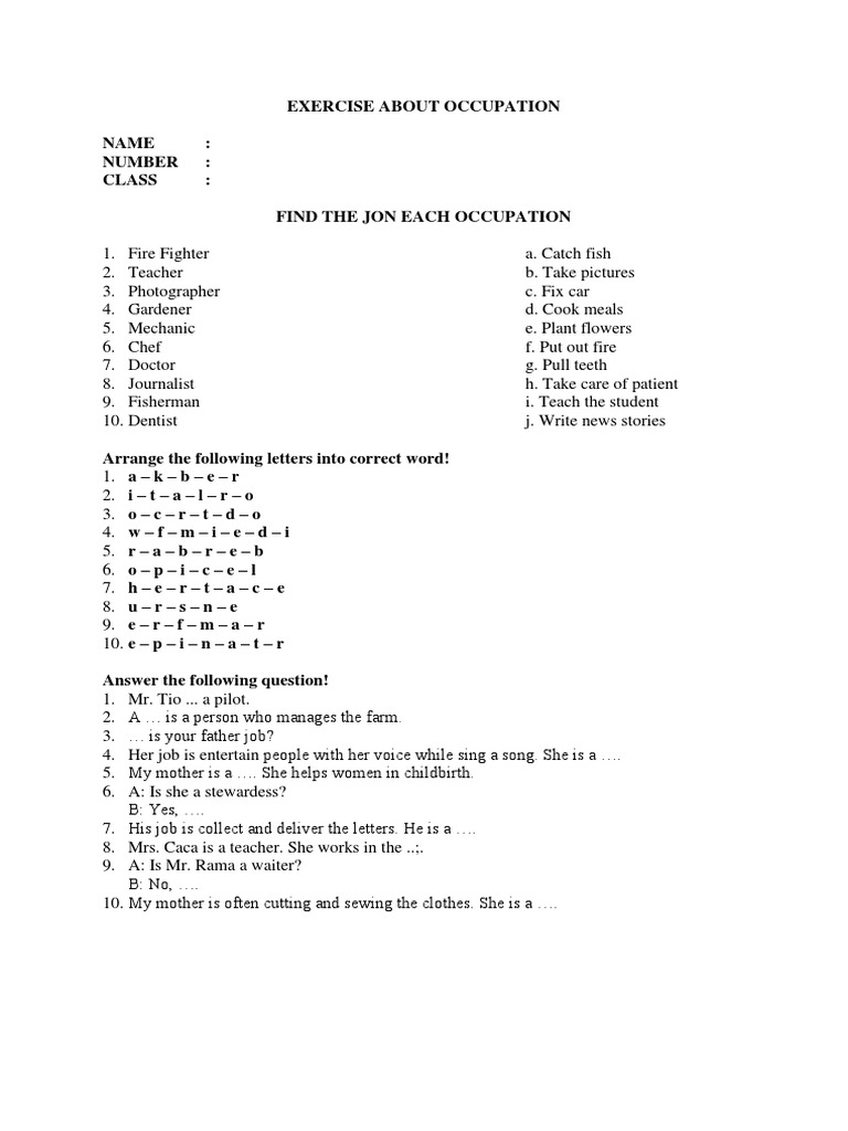 Occupation Matching Exercise Worksheet | PDF