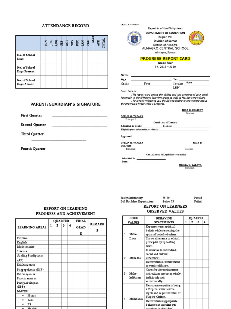 Grade 4 Progress Report Card 2018-2019 | PDF | Value (Ethics) | Learning