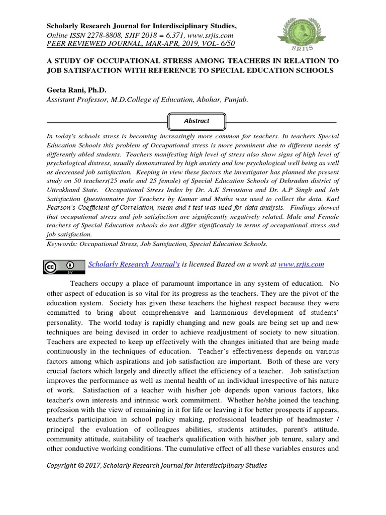A Study of Occupational Stress Among Teachers in Relation To Job ...