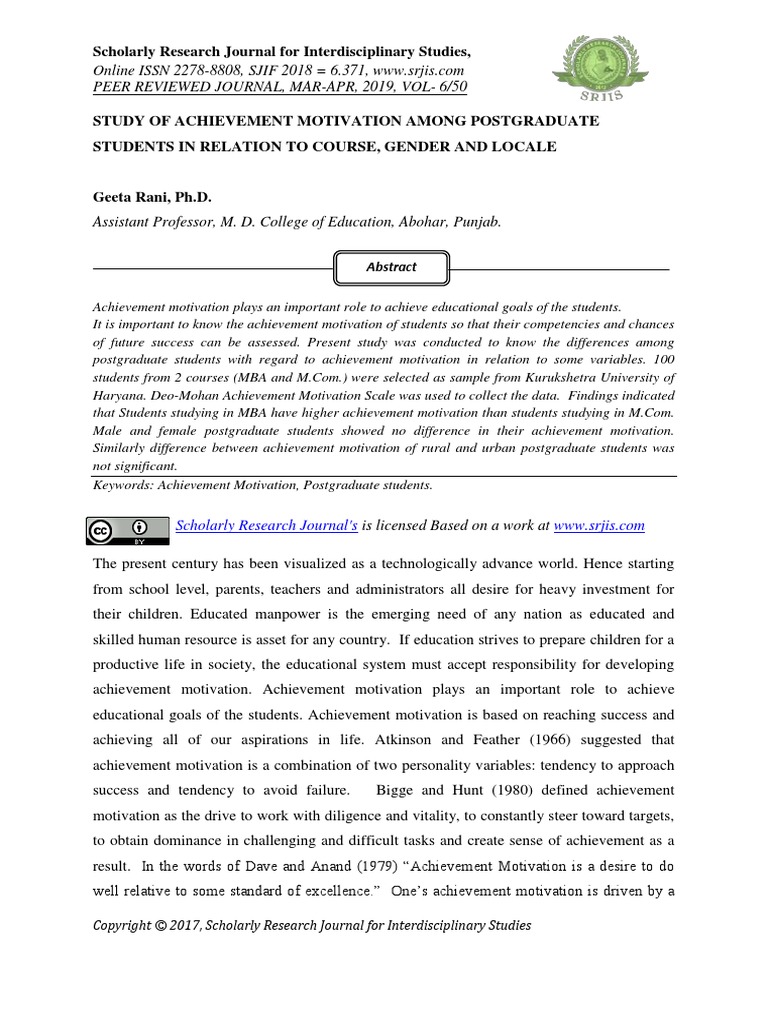 Study of Achievement Motivation Among Postgraduate Students in Relation ...