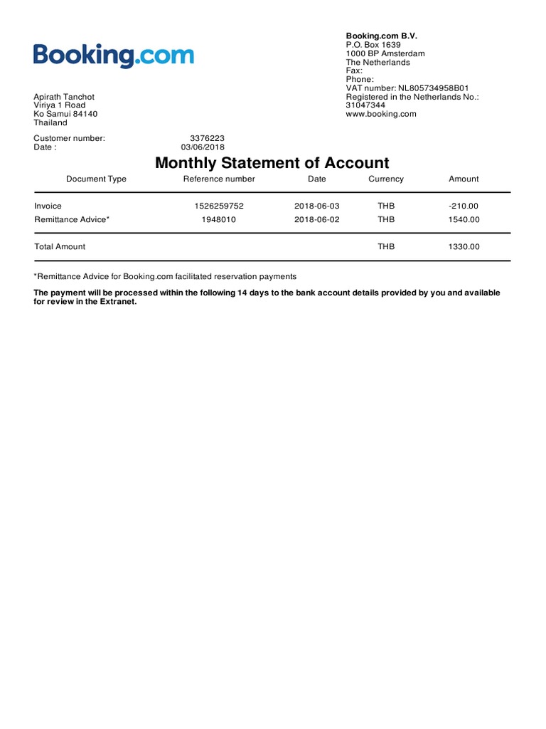 Booking.com Monthly Statement Overview | PDF
