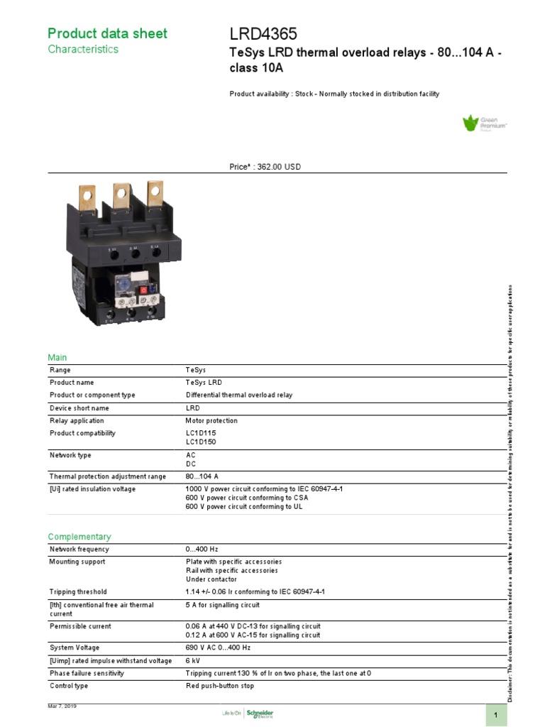 TeSys LRD Thermal Overload Relay Data Sheet | PDF | Relay | Alternating ...