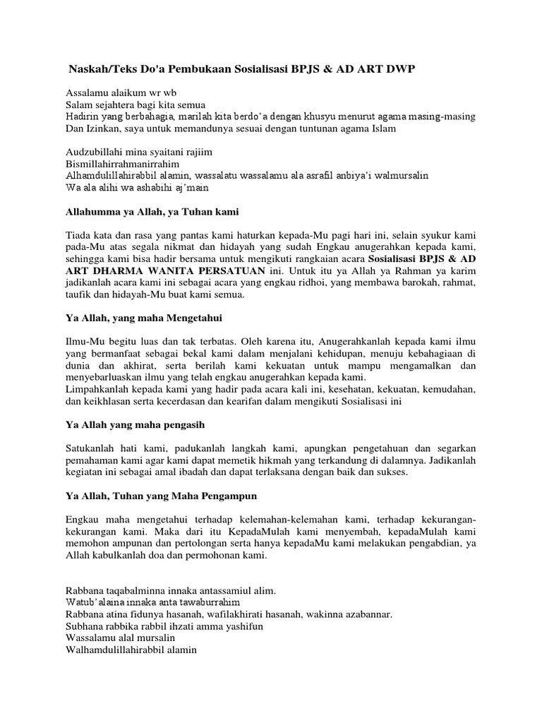 Contoh Naskah Doa Sosialisasi Bpjs