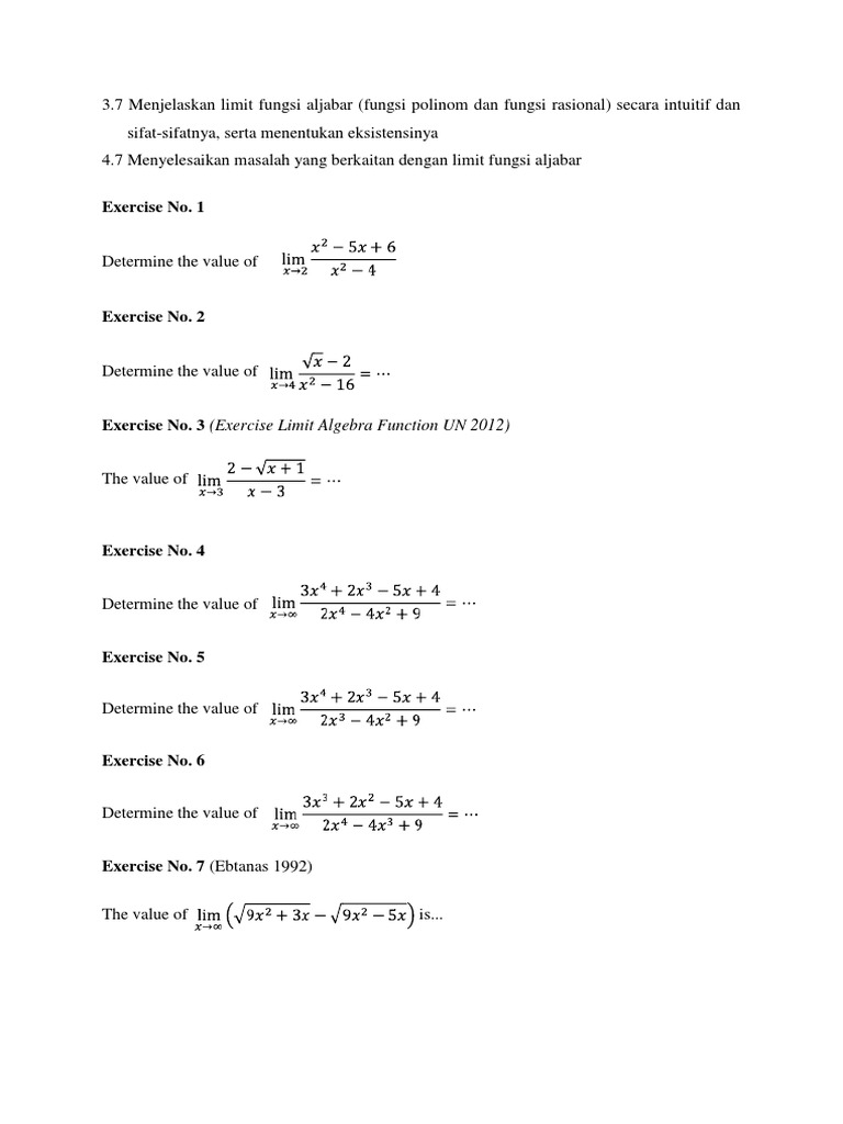 Limits of Algebraic Functions Exercises | PDF