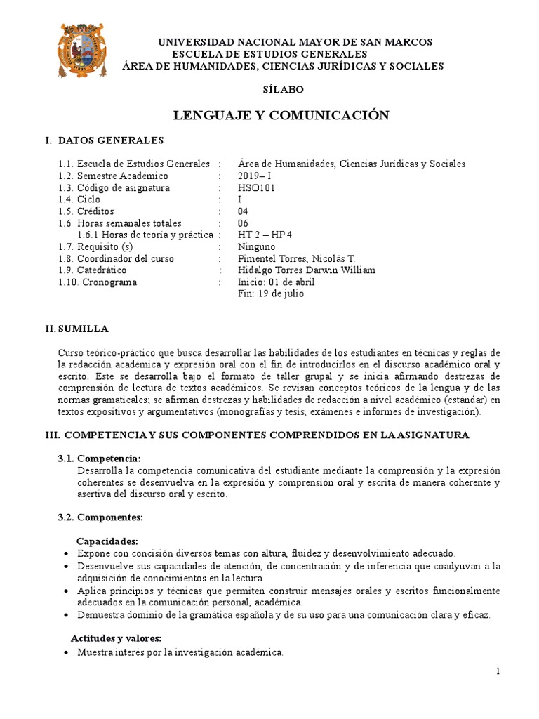 Sílabo de Lenguaje y Comunicación 2019-I | PDF | Maestros | Evaluación