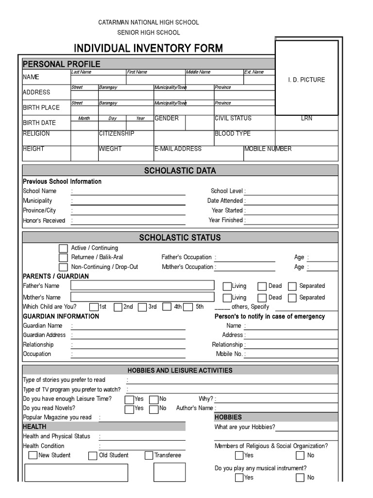 Individual Inventory Form Personal Profile PDF Interpersonal