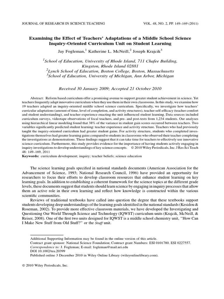 Examining The Effect of Teachers' Adaptations of A Middle School ...