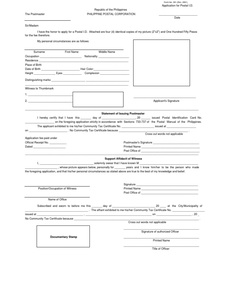 Postal ID Application Form Identity Document Affidavit
