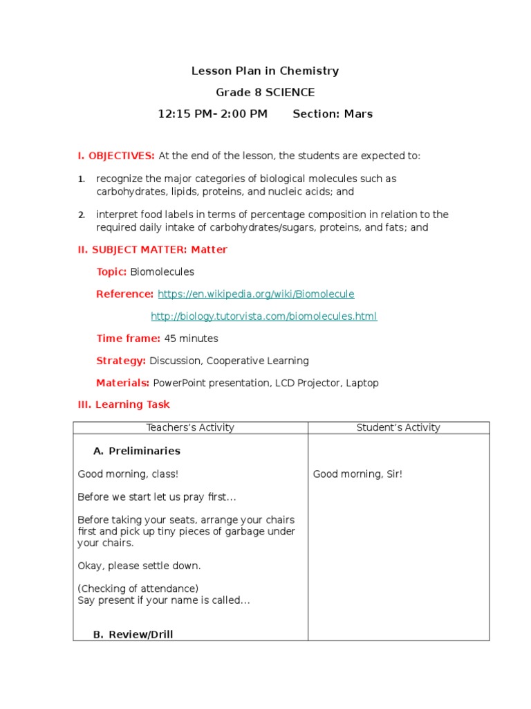 Lesson Plan in Chemistry Pasa PDF Biomolecules Carbohydrates
