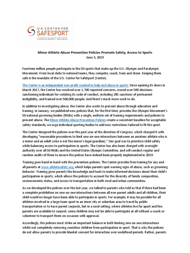SafeSport Minor Athlete Abuse Prevention Policies Promote Safety and
