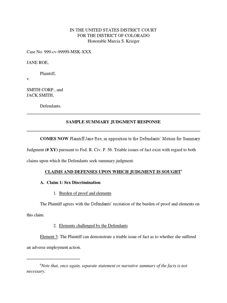 Sample Summary Judgment Response PDF Defamation Burden Of Proof (Law)