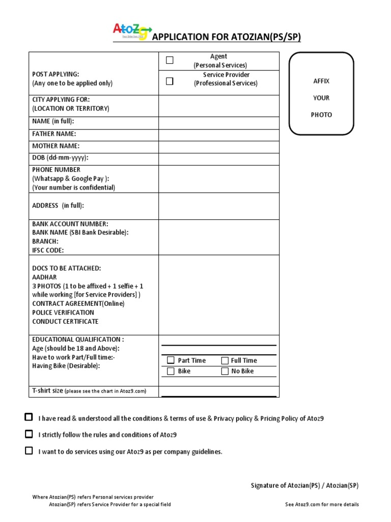 Application for Atozian Services | PDF